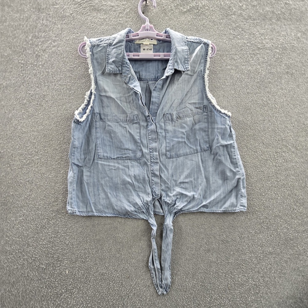 Cloth & Stone Women Blouse L‎ Light Blue Chambray Button Collared Front Tie